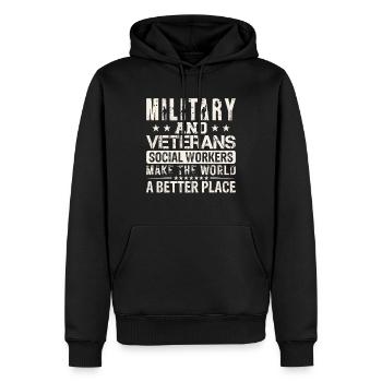 Travailleurs sociaux militaires et vétérans - Sweat à capuche Premium bio Homme - noir - Devant - Nico (187cm)