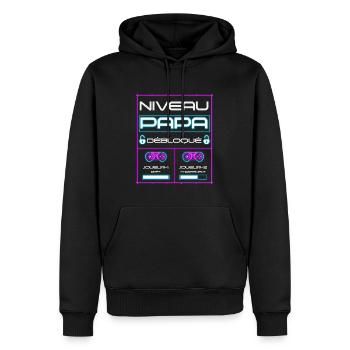Nouveau papa gamer niveau papa débloqué - Sweat à capuche Premium bio Homme - noir - Devant - Nico (187cm)