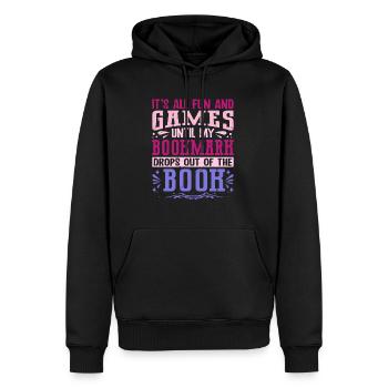 Lesezeichen – BÜCHERWURM Spruch Bekleidung - Männer Premium Bio Hoodie - Schwarz - Vorne - Nico (187cm)