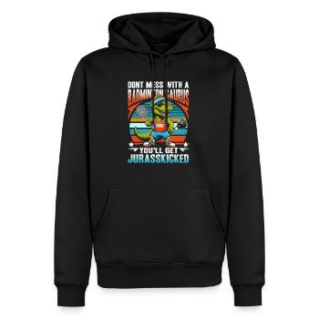 Lustiger Badminton Saurus – Kinder, Jugendliche - Männer Premium Bio Hoodie - Schwarz - Vorne - Nico (187cm)