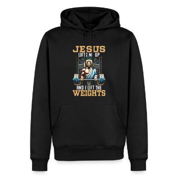 religion religion christianisme haltérophilie jésus - Sweat à capuche Premium bio Homme - noir - Devant - Nico (187cm)