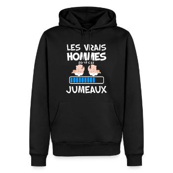 Annonce Naissance Jumeaux - Sweat à capuche Premium bio Homme - noir - Devant - Nico (187cm)