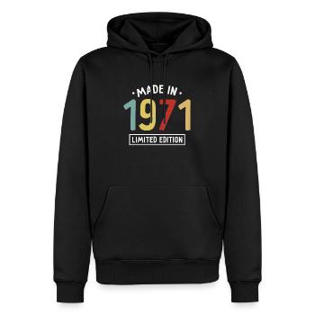 Fabriqué en 1971 - Edition limitée - Année de naissance - Sweat à capuche Premium bio Homme - noir - Devant - Nico (187cm)