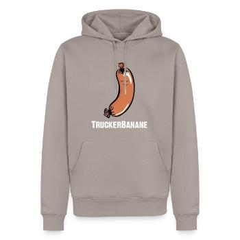Truckerbanane, Knackwurst, Bockwurst, Augsburger - Männer Premium Bio Hoodie - Taupe - Vorne - Nico (187cm)
