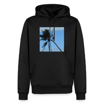 Eine Person auf einer Kokospalme mit einer Leiter - Männer Premium Bio Hoodie - Schwarz - Vorne - Nico (187cm)