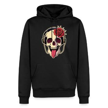 01 Lustiger Totenkopf lacht Zunge Kopfhörer Rose - Männer Premium Bio Hoodie - Schwarz - Vorne - Nico (187cm)