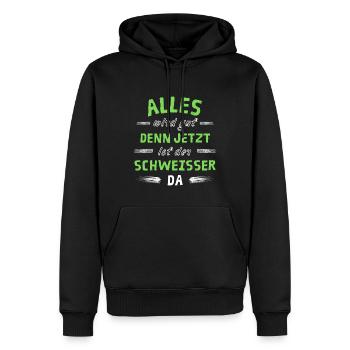 Alles wird gut denn jetzt ist der Schweißer da - Männer Premium Bio Hoodie - Schwarz - Vorne - Nico (187cm)