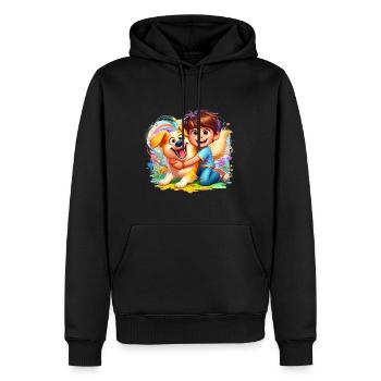 Junge mit seinem bunten süßen Hund - Männer Premium Bio Hoodie - Schwarz - Vorne - Nico (187cm)