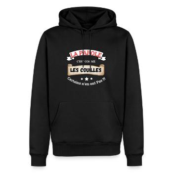 La parole, c'est comme les couilles - Sweat à capuche Premium bio Homme - noir - Devant - Nico (187cm)