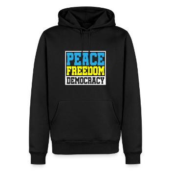 Farbe änderbar | Frieden Freiheit Demokratie - Männer Premium Bio Hoodie - Schwarz - Vorne - Nico (187cm)