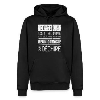 Désolé cet homme est pris par une REUNIONNAISE - Sweat à capuche Premium bio Homme - noir - Devant - Nico (187cm)