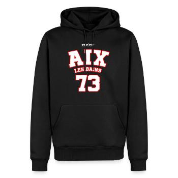 T-shirt personnalisé Aix les bains 🇨🇭🇫🇷 ⭐ - Sweat à capuche Premium bio Homme - noir - Devant - Nico (187cm)