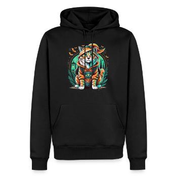 Eine Cyberpunk-Katze im Halloween-Kostüm - Männer Premium Bio Hoodie - Schwarz - Vorne - Nico (187cm)