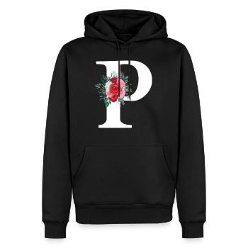 Roter Blumenbuchstabe P - Männer Premium Bio Hoodie - Schwarz - Vorne - Nico (187cm)