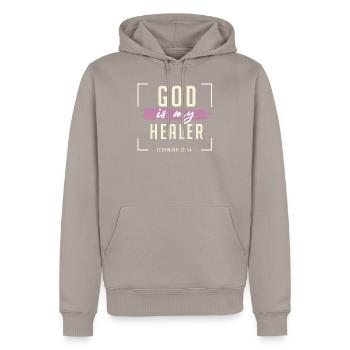 Dieu est mon guérisseur, Christian - Sweat à capuche Premium bio Homme - taupe - Devant - Nico (187cm)