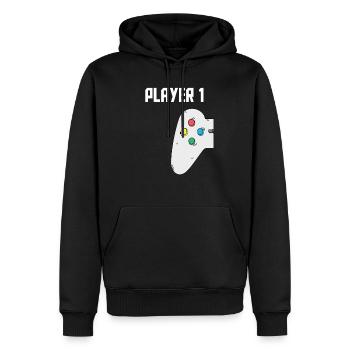 Gamer Vater Sohn Partnerlook Player 1 Player 2 - Männer Premium Bio Hoodie - Schwarz - Vorne - Nico (187cm)