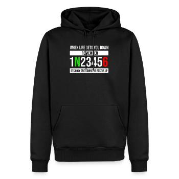 When life gets you down it's just one down - Men’s Premium Organic Hoodie - black - Front - Nico (187cm)