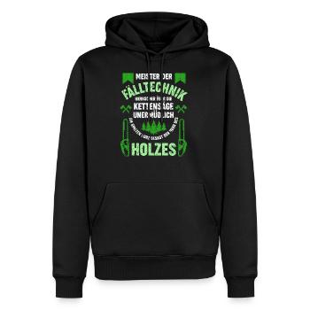 Meister der Falltechnik,Kettensäge,Herr des Holzes - Männer Premium Bio Hoodie - Schwarz - Vorne - Nico (187cm)
