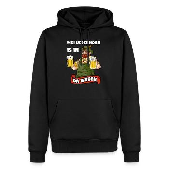 Mei Lederhosn is in da Wäsch Lederhose Tracht - Men’s Premium Organic Hoodie - black - Front - Nico (187cm)