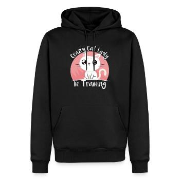 Crazy Cat Lady en train de dresser un chaton - Sweat à capuche Premium bio Homme - noir - Devant - Nico (187cm)