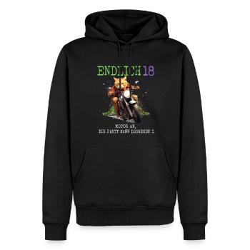 Endlich 18 Katze auf Motorrad - Männer Premium Bio Hoodie - Schwarz - Vorne - Nico (187cm)