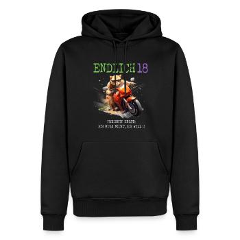 Katze auf Motorrad Endlich 18 - Männer Premium Bio Hoodie - Schwarz - Vorne - Nico (187cm)
