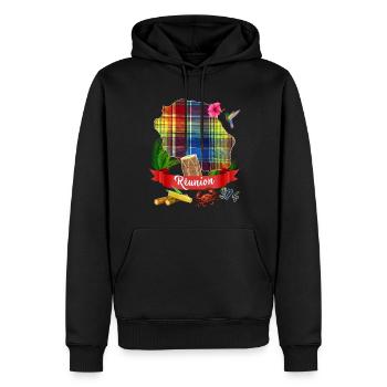 La Réunion 974 Madras Hibiskuskolibri - Männer Premium Bio Hoodie - Schwarz - Vorne - Nico (187cm)
