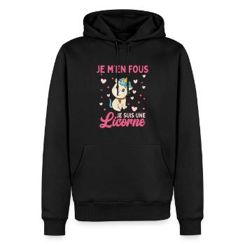 Je M'en Fous Je Suis Une Licorne - Sweat à capuche Premium bio Homme - noir - Devant - Nico (187cm)