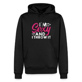 Je suis sexy et je le lance - Fléchettes - Sweat à capuche Premium bio Homme - noir - Devant - Nico (187cm)