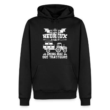 Hommes heureux jouent encore avec des tracteurs ! - Sweat à capuche Premium bio Homme - noir - Devant - Nico (187cm)
