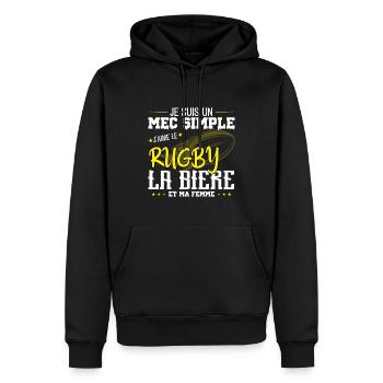 Je suis un Mec simple j'aime rugby et la bière - Sweat à capuche Premium bio Homme - noir - Devant - Nico (187cm)