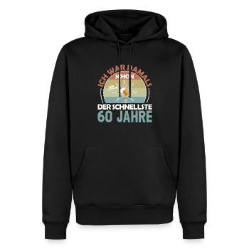 Ich war damals schon der Schnellste 60. Geburtstag - Männer Premium Bio Hoodie - Schwarz - Vorne - Nico (187cm)