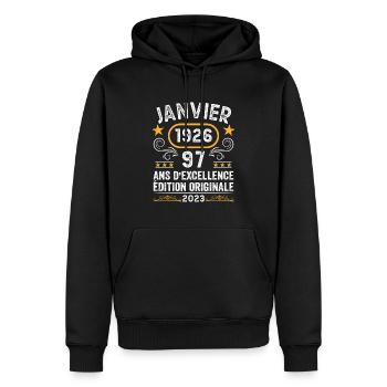 Anniversaire Vintage Idée Cadeau Janvier 1926 97 - Sweat à capuche Premium bio Homme - noir - Devant - Nico (187cm)