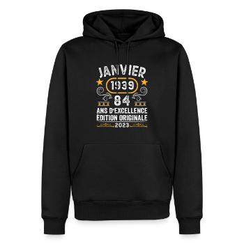 Anniversaire Vintage Idée Cadeau Janvier 1939 84 - Sweat à capuche Premium bio Homme - noir - Devant - Nico (187cm)