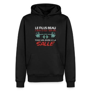 entraînement musculation La muscu et la salle - Sweat à capuche Premium bio Homme - noir - Devant - Nico (187cm)