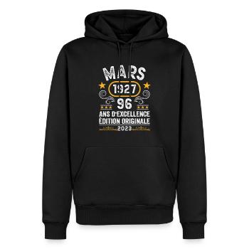 Anniversaire Vintage Idée Cadeau Mars 1927 96 - Sweat à capuche Premium bio Homme - noir - Devant - Nico (187cm)