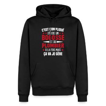 Bogosse et Plombier - Cadeau Humour Plombier - Sweat à capuche Premium bio Homme - noir - Devant - Nico (187cm)