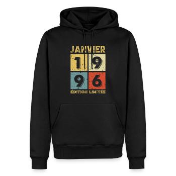 Anniversaire Vintage Idée Cadeau Janvier 1996 - Sweat à capuche Premium bio Homme - noir - Devant - Nico (187cm)