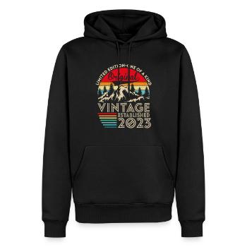 Original Vintage Établi En 2023 Anniversaire - Sweat à capuche Premium bio Homme - noir - Devant - Nico (187cm)