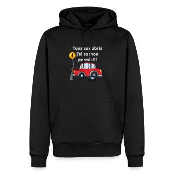 Tous aux abris, j'ai eu mon permis!!! - Sweat à capuche Premium bio Homme - noir - Devant - Nico (187cm)