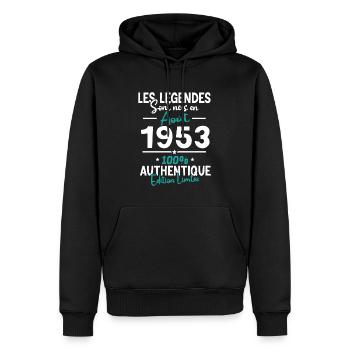 Cadeau Anniversaire août 1953 - Sweat à capuche Premium bio Homme - noir - Devant - Nico (187cm)