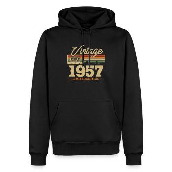 1957 - 66/67 anniversaire - Sweat à capuche Premium bio Homme - noir - Devant - Nico (187cm)