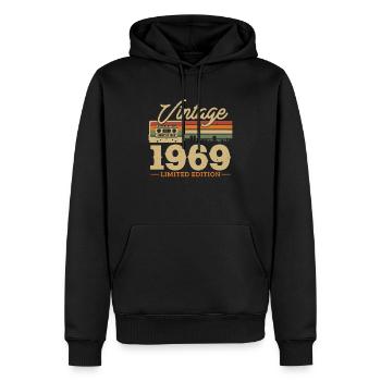 1969 - 54/55e anniversaire - Sweat à capuche Premium bio Homme - noir - Devant - Nico (187cm)