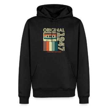 Cadeau Vintage 1947, 76/77 ans - Sweat à capuche Premium bio Homme - noir - Devant - Nico (187cm)