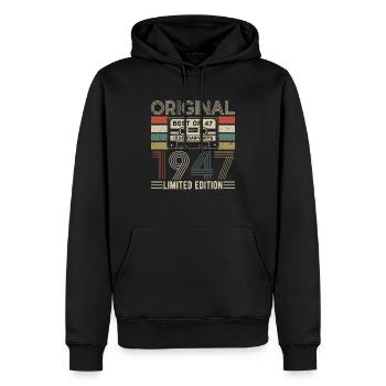 Légende d’anniversaire 1947 - Sweat à capuche Premium bio Homme - noir - Devant - Nico (187cm)