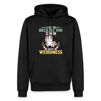 Ich mag dich, weil du bei meiner Verrücktheit mitmachst - Männer Premium Bio Hoodie - Schwarz - Vorne - Nico (187cm)