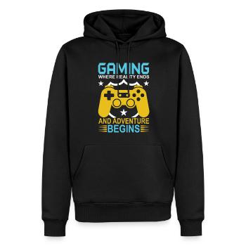 Gaming: Wo die Realität endet und das Abenteuer beginnt. - Männer Premium Bio Hoodie - Schwarz - Vorne - Nico (187cm)