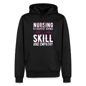 Krankenpflege ist eine Mischung aus Wissenschaft, Geschicklichkeit und Einfühlungsvermögen. - Männer Premium Bio Hoodie - Schwarz - Vorne - Nico (187cm)