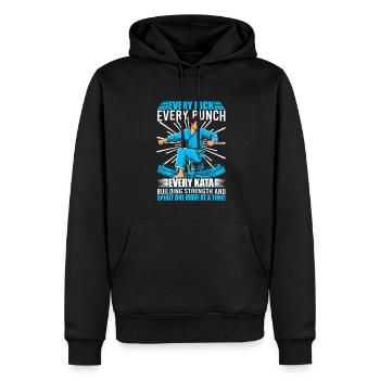 Jeder Tritt, jeder Schlag, jede Kata - building str - Männer Premium Bio Hoodie - Schwarz - Vorne - Nico (187cm)