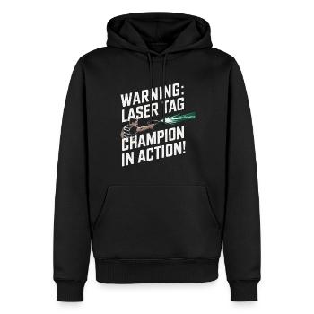 Achtung: Lasertag-Champion in Aktion! - Männer Premium Bio Hoodie - Schwarz - Vorne - Nico (187cm)